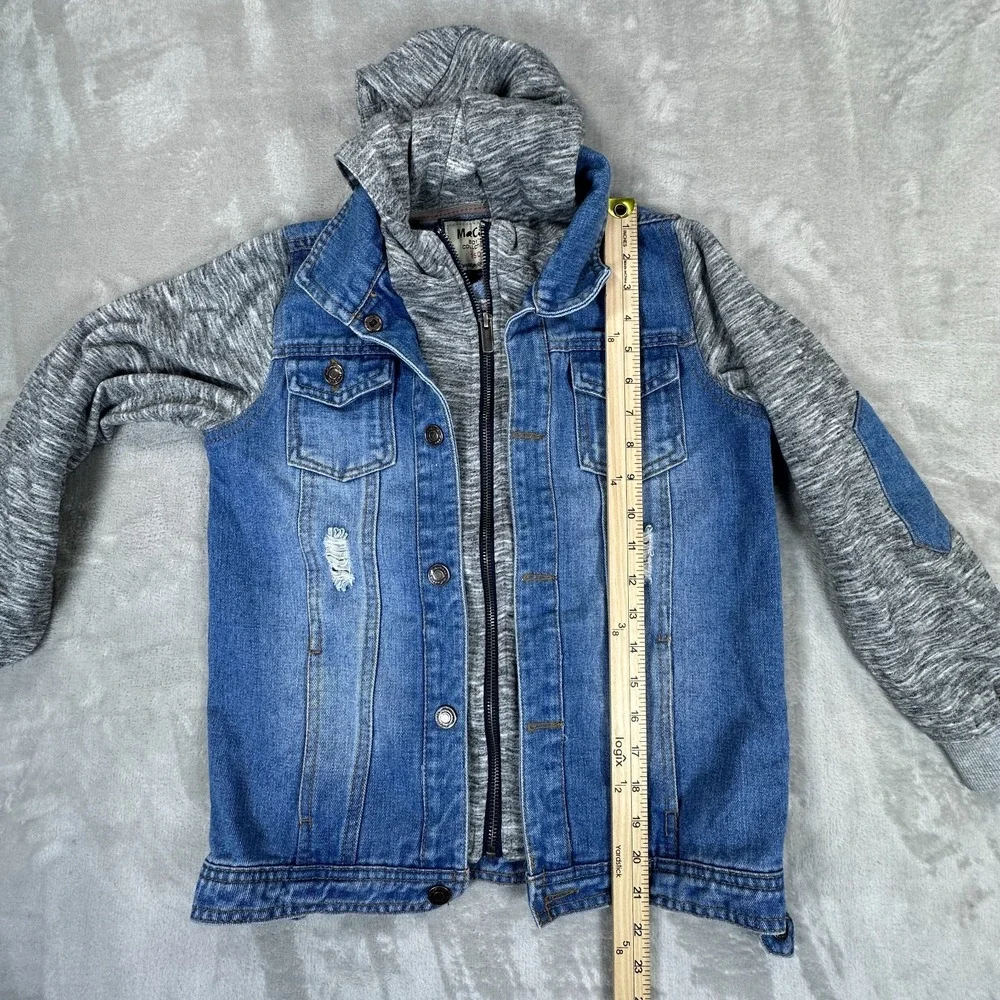 Mocam Trucker Jacket Boys 150 Blue Denim Elbow Patch Distressed Hooded Full Zip